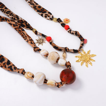 Stylish Personalized Leopard Print Geometric Double-Layer Statement Necklace with Oversized Transparent Beaded Pendant for Women