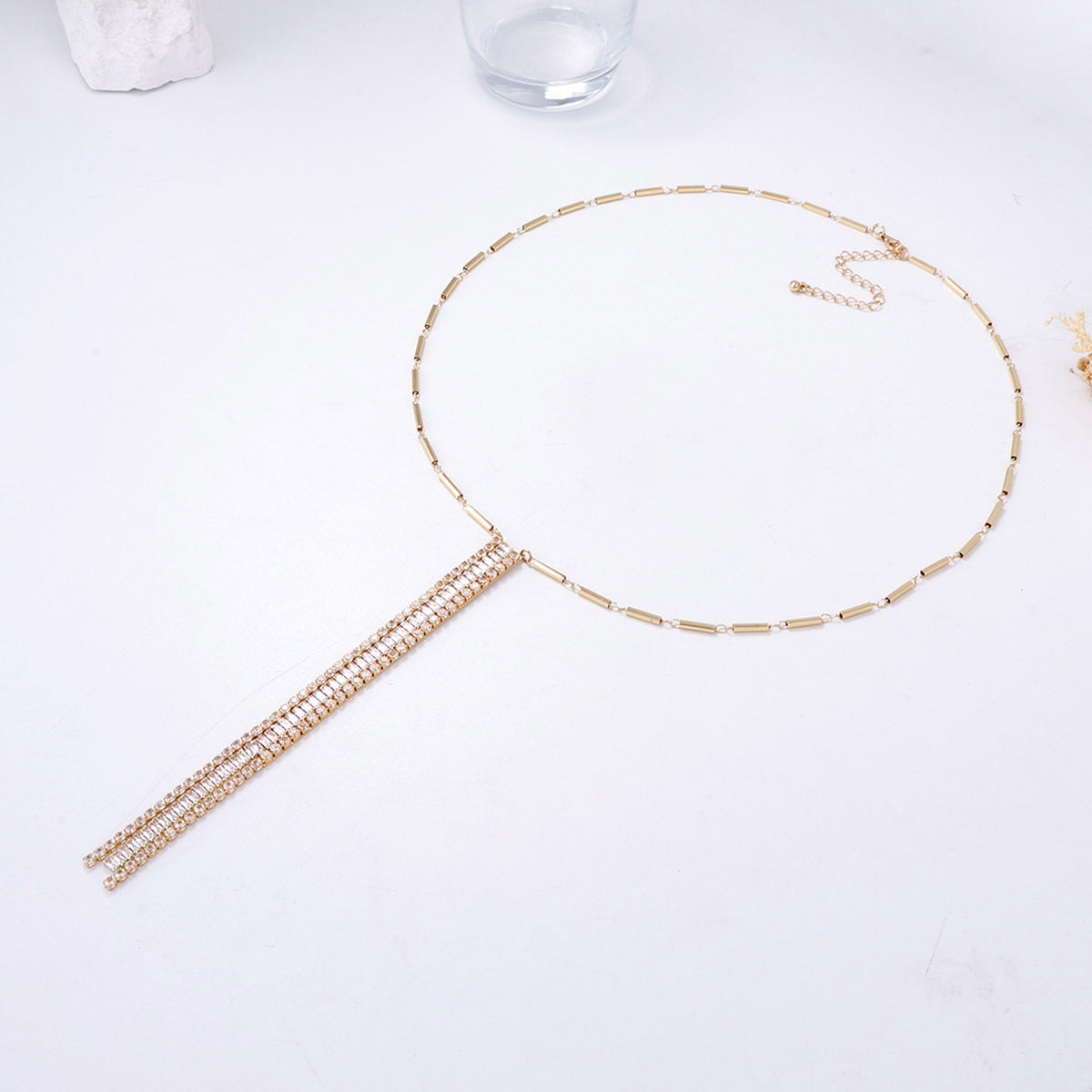 Elegant Minimalist Alloy Long Geometric Pendant Necklace with Zirconia Stones - Chic Sweater Chain for Effortless Style