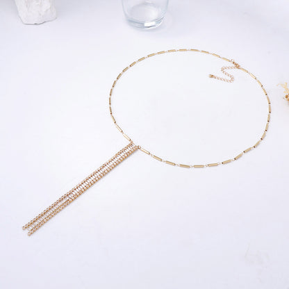 Elegant Minimalist Alloy Long Geometric Pendant Necklace with Zirconia Stones - Chic Sweater Chain for Effortless Style