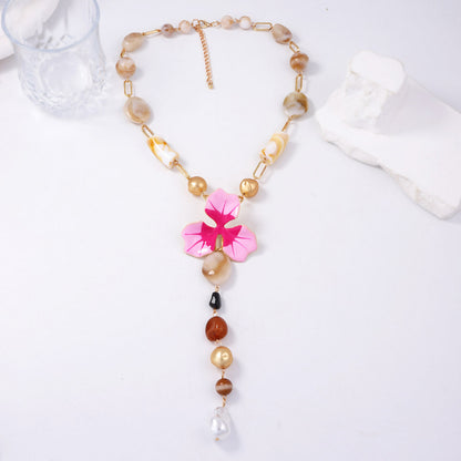 Elegant Luxe Alloy and Resin Y-Shaped Necklace for Women – Stunning Drip Oil Floral Bead Design for a Touch of Sophistication