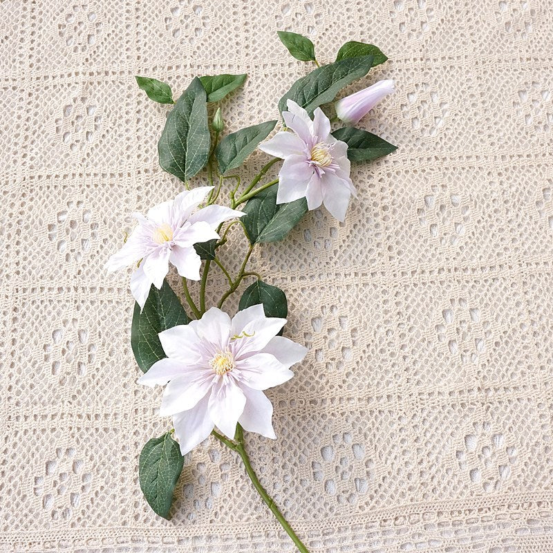 Single Stem Triple-Headed French Clematis - Realistic Faux Flower for Home, Hotel, and Event Decorations, Perfect for Weddings and Stylish Displays