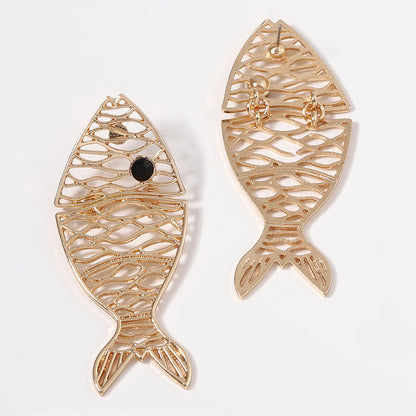 Stylish Double Layer Alloy Hollow Animal Fish Earrings - Trendy Vacation-Inspired Jewelry for a Unique Statement Look