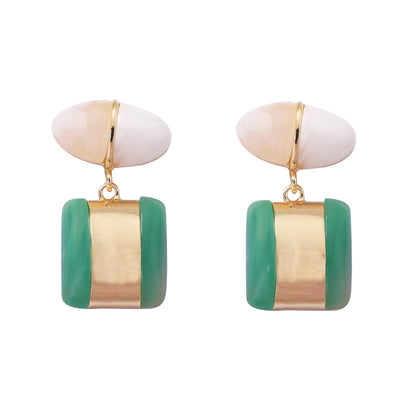 Elegant Geometric Alloy and Resin Gemstone Dual-Layer Drop Earrings for Women - Stylish, Lightweight, and Perfect for Any Occasion