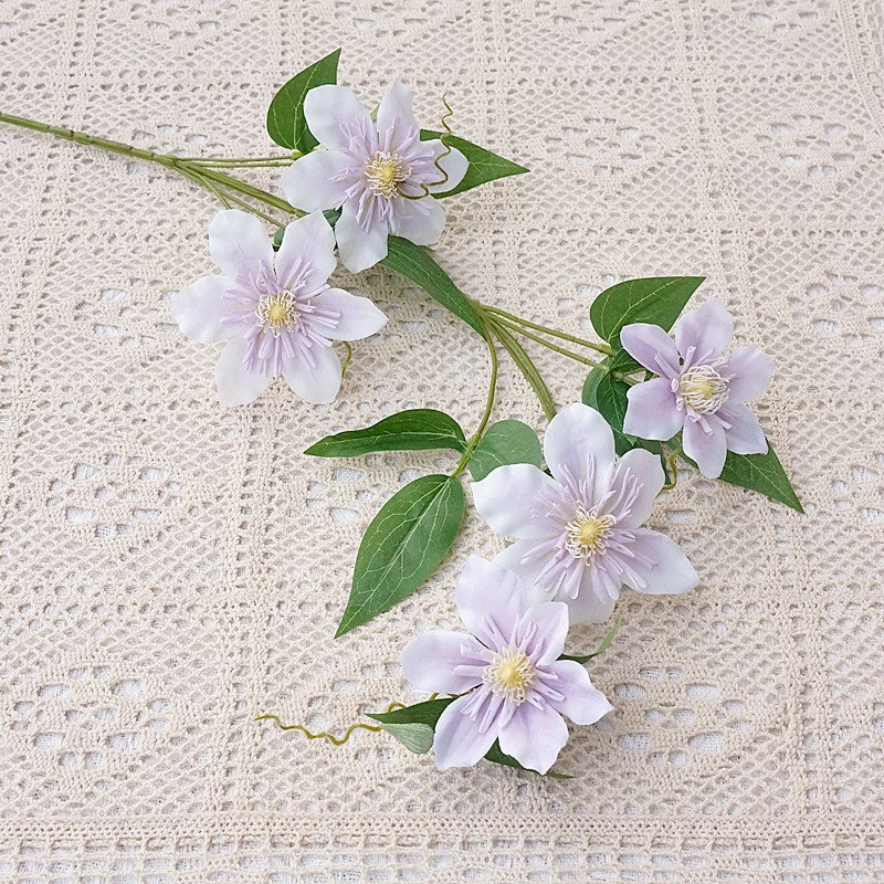 Realistic Heavy Petal Clematis Flower - Single Stem with 5 Blooms - Perfect for Home Décor, Weddings, and Event Decorations