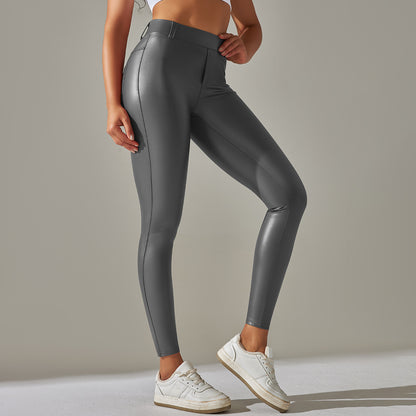 High Elastic PU Leather Leggings for Women Solid Color Glossy Finish Soft Fleece Lined Pocketed Fitness Pants for Running and Yoga