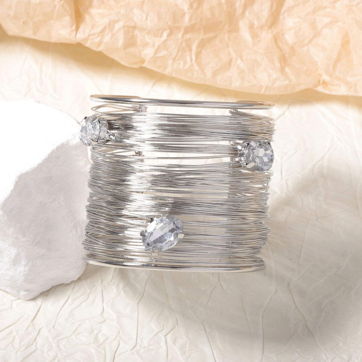 Vintage-Inspired Stylish Multi-Layer Zircon Stone-Accented Women's Cuff Bracelet -  Quality Wire-Wrapped Design for Effortless Elegance