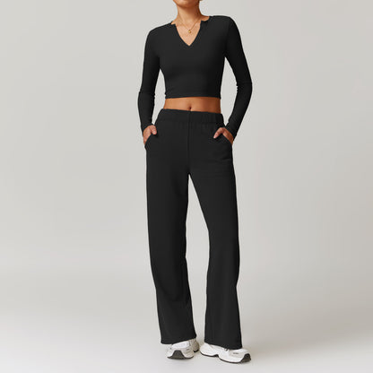 High Waist Wide Leg Yoga Set for Women Chic Fall Winter Casual Sport Outfit with Slimming Long Sleeve Fitness Top