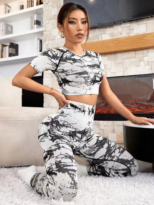 Tie Dye Seamless Short Sleeve and Long Pant 2 Piece Set Yoga and Fitness Apparel for Running and Workouts