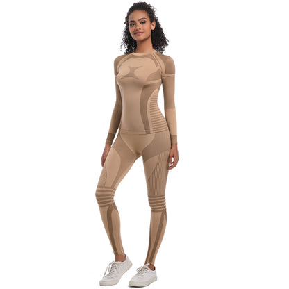 Seamless Knit High Elastic Long Ski Suit Set for Women for Running Fitness and Yoga 2 Piece Activewear Outfit