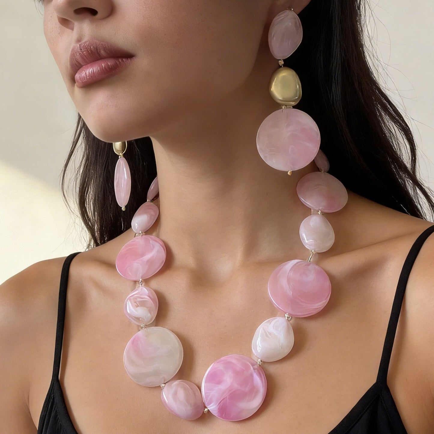 Stylish Minimalist Pink Beaded Geometric Earrings and Necklace Jewelry Set - Perfect for Any Occasion