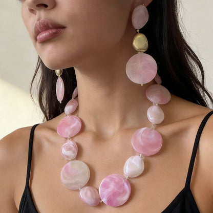 Stylish Minimalist Pink Beaded Geometric Earrings and Necklace Jewelry Set - Perfect for Any Occasion
