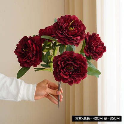 Realistic Faux Peonies Bouquet - 5 Artificial Peony Stems for Home Decor, Dining Table Centerpiece, and Photography Props