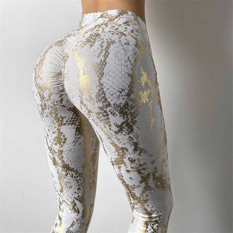 High Elastic Gold Foil Snake Skin Pattern Peach Bottom Fitness Leggings High Waist Butt Lifting Quick Dry Workout Pants and Stretch Yoga Tights for Comfort