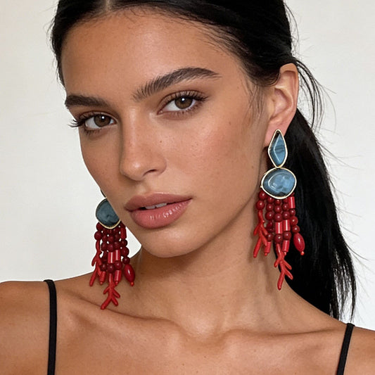 Exotic Tribal Vintage Beaded Tassel Coral Earrings - Unique Ocean-Inspired Jewelry for Natural Vacation Style