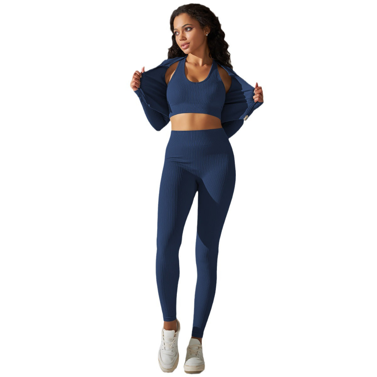 Seamless Solid Color Athletic Yoga Set for Women Long Sleeve High Waisted Butt Lifting Leggings with Double Zipper Design