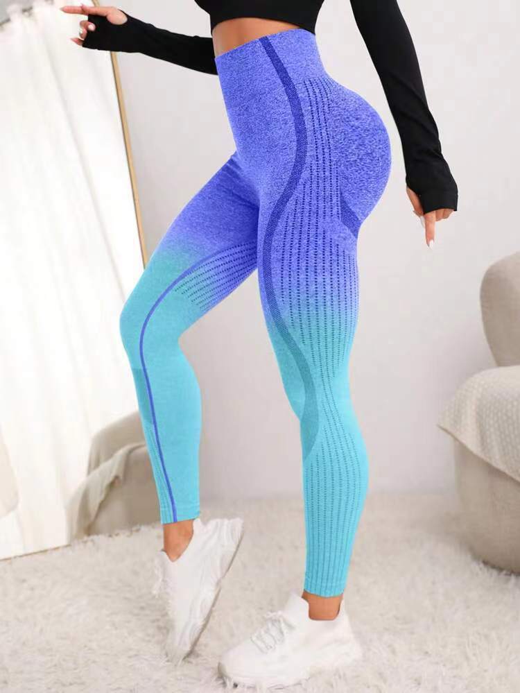 Seamless Knit Gradient Hollow Out High Waisted Yoga Pants Sculpting Stretchy Peach Butt Workout Leggings for Outdoor Fitness