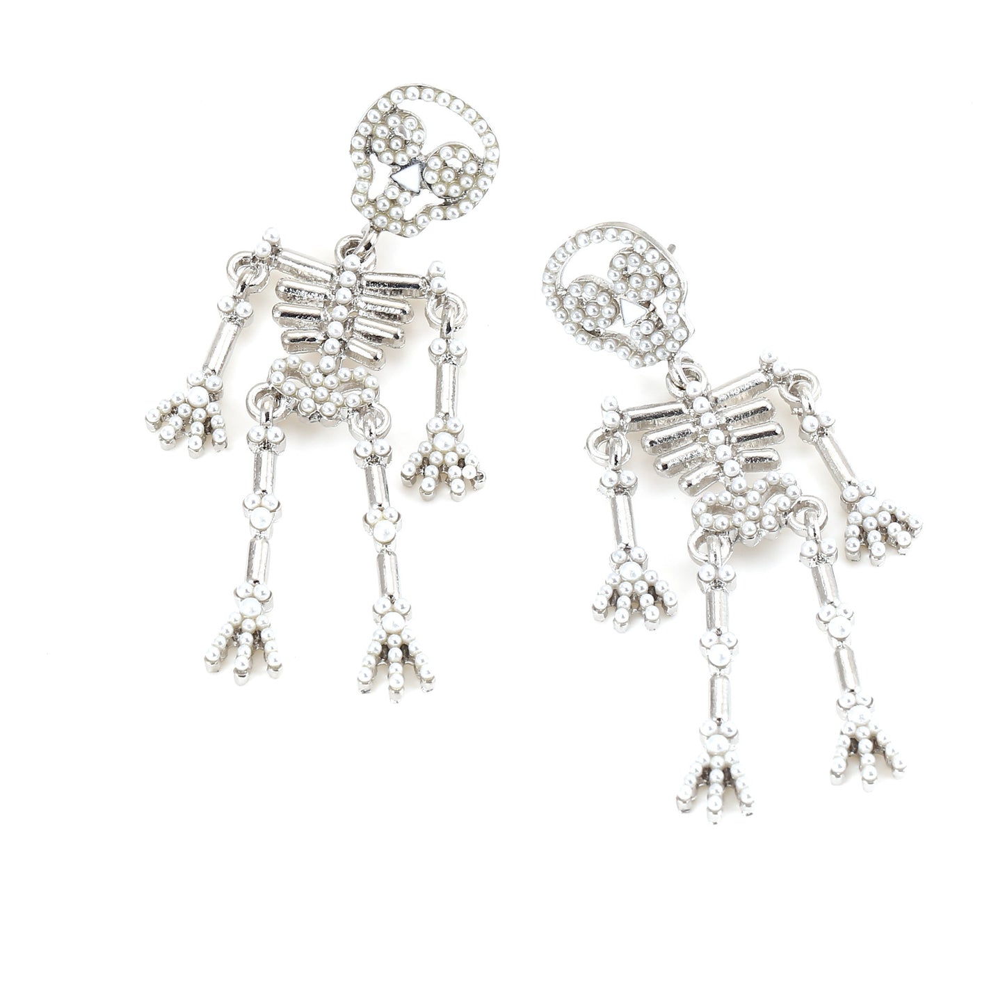 Creative and Bold Skeleton Skull Earrings with Alloy, Gemstone Inlay, and Pearl Detail – Unique, Quirky Accessory for Expressive Style