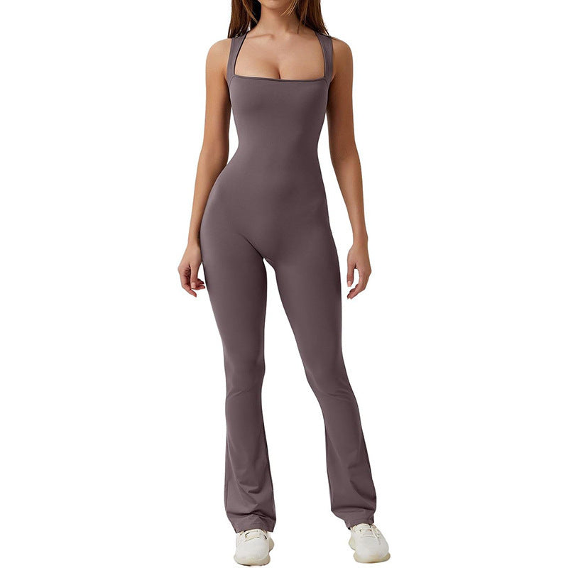 Seamless Summer Square Neck Tank Top Flared Pants Yoga Jumpsuit and Comfortable Activewear for Relaxed Yoga Practice