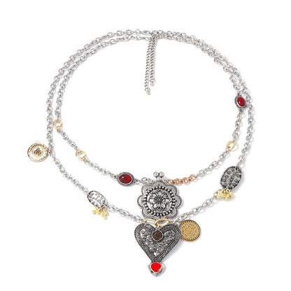 Stunning Vintage-Inspired Alloy Silver Floral Heart Pendant Necklace - Unique Double Layer Design for a Bold Statement