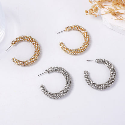 Elegant and Luxurious Geometric-Cut Curve Design C-Shape Earrings with Sparkling Rhinestones - Versatile, Dazzling Ear Accessories for Any Occasion