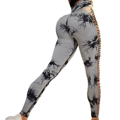 Women's High Waisted Breathable Quick Dry Leggings with Side Cut Outs Tie Dye Pattern and Butt Lifting Design for Outdoor Sports and Yoga