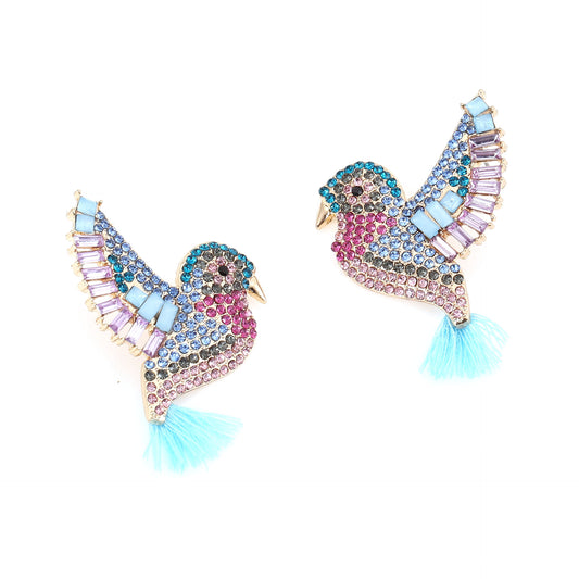 Unique Personalized Colorful Diamond Tassel Bird Earrings - Vintage Animal-Themed Studs with Sparkling Rhinestones for Girls