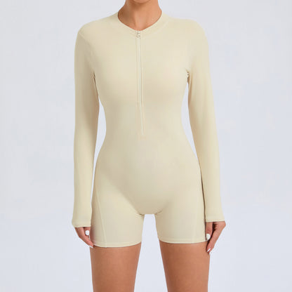 All in One Zippered Long Sleeve Bodysuit with Hollowed Back Design Activewear for Yoga and Fitness