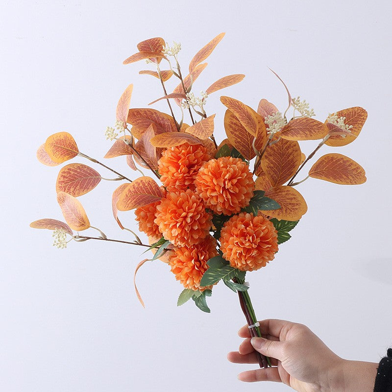 Realistic Nordic Home Decor Faux Flowers – Eucalyptus Leaf Ball Daisies Artificial Handheld Bouquet - Perfect for Weddings, Parties, and Everyday Decor