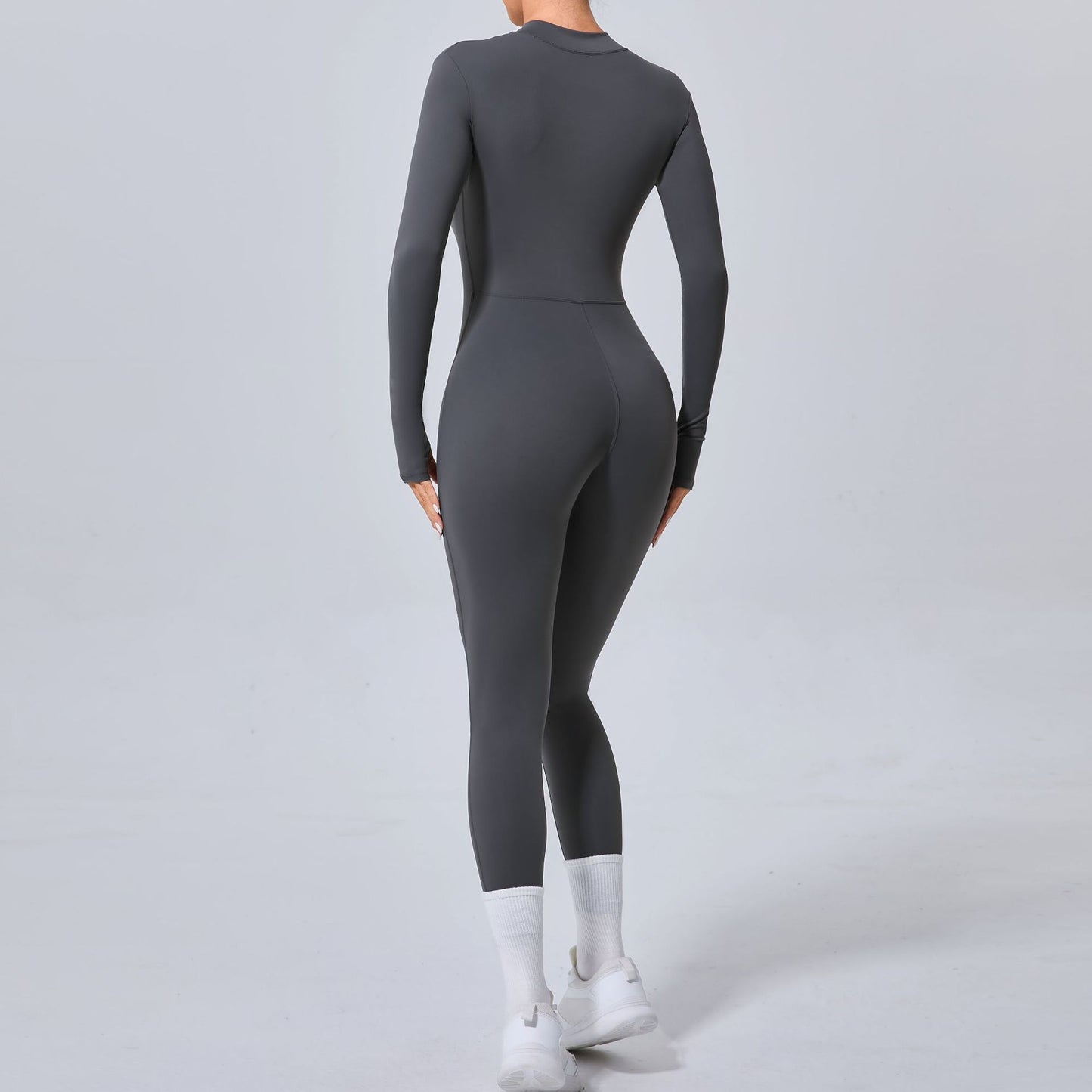 Form Fitting Women s Sports Bodysuit Without Cup Padding Long Sleeve Yoga Jumpsuit with Thumb Holes and Half Zip Front for Gym and Fitness Classes Model 5025