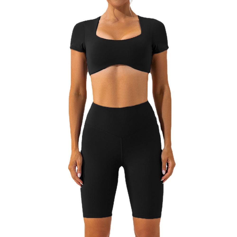 Summer Yoga Outfit for Women Short Sleeve Breathable Backless Set with Quick Dry Shorts for Running and Fitness