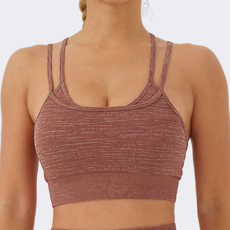 Seamless Double Layer Sports Bra with Removable Cups Cross Back Design Adjustable Straps for Yoga and Fall Winter Workouts