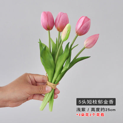 5-Head Short Stem Tulip Bouquet - Realistic Faux Flowers for Home Decor, Perfect Photo Props, and Soft Rubber Tulip Arrangement for Lasting Beauty