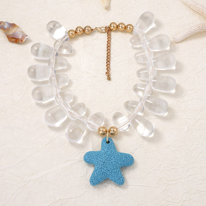 Exquisite Minimalist Natural Ocean-Inspired Vacation Necklace with Volcanic Stone, Starfish, and Tiny Fish Charms - Perfect Summer Accessory for Women