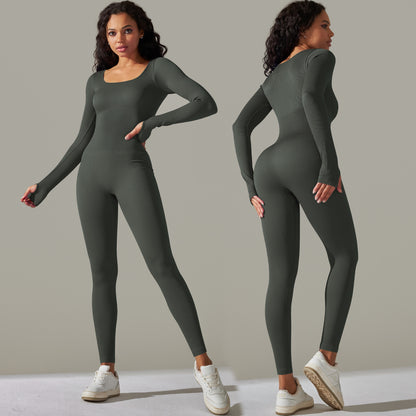 Seamless Knit Square Neck Long Sleeve Yoga Jumpsuit Ribbed Athletic Bodysuit for Comfort and Performance