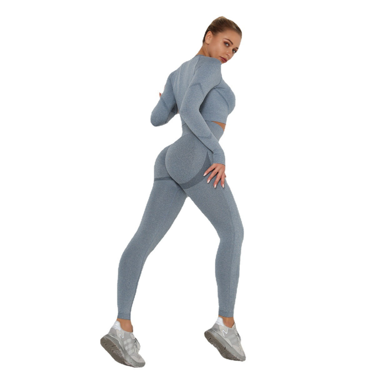 High Waisted Seamless Women's Workout Set with Ruching Peach Style Long Sleeve Yoga Top and Leggings for Comfort and Flexibility