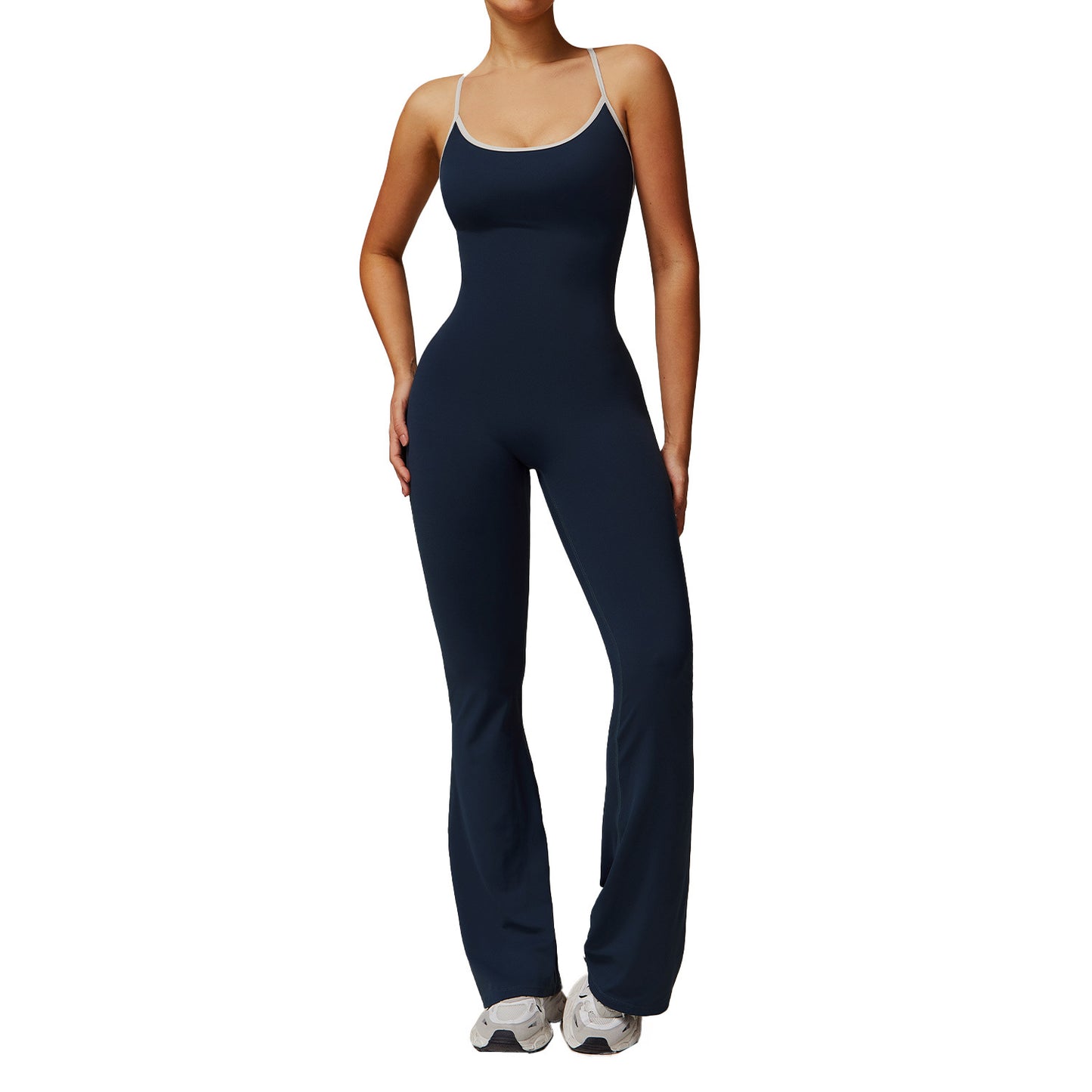 Cross Back Yoga Bodysuit with Ruched Details Flared Sports Romper for Running Fitness Model 3013 for Comfort Style Performance