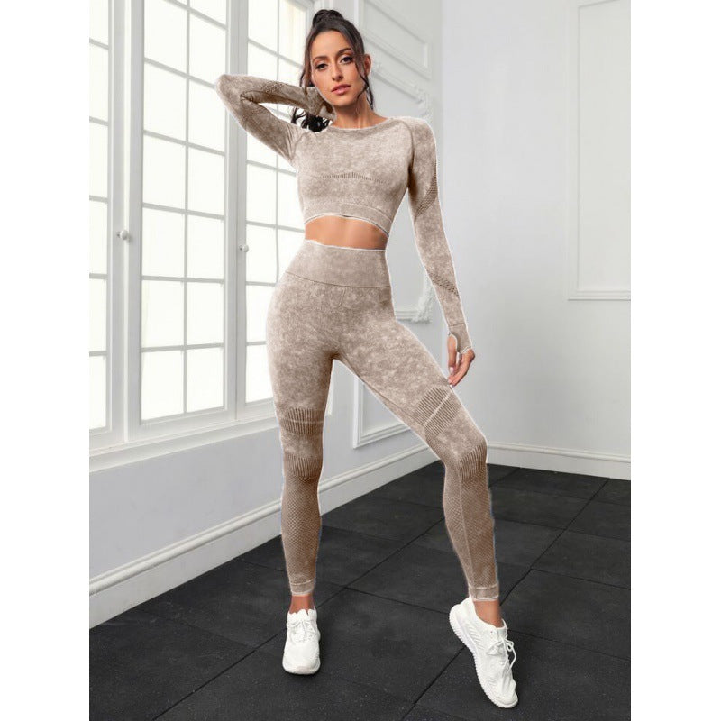 Seamless Water Washable Hollow Out Textured Two Piece Yoga Set for Women Long Sleeve Top with High Waisted Butt Lifting Leggings for Comfort and Style