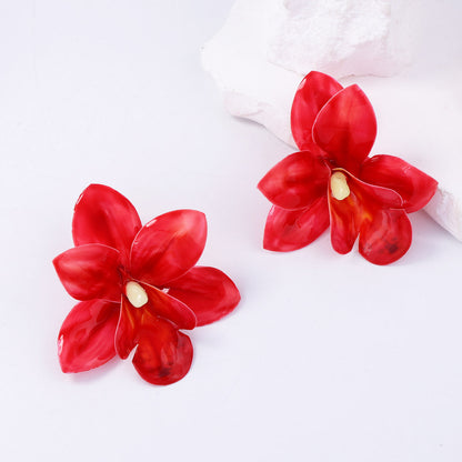 Bohemian Chic Oversized Minimalist Dripping Oil Unique Fabric Flower Stud Earrings – Versatile Vacation Accessories for Women