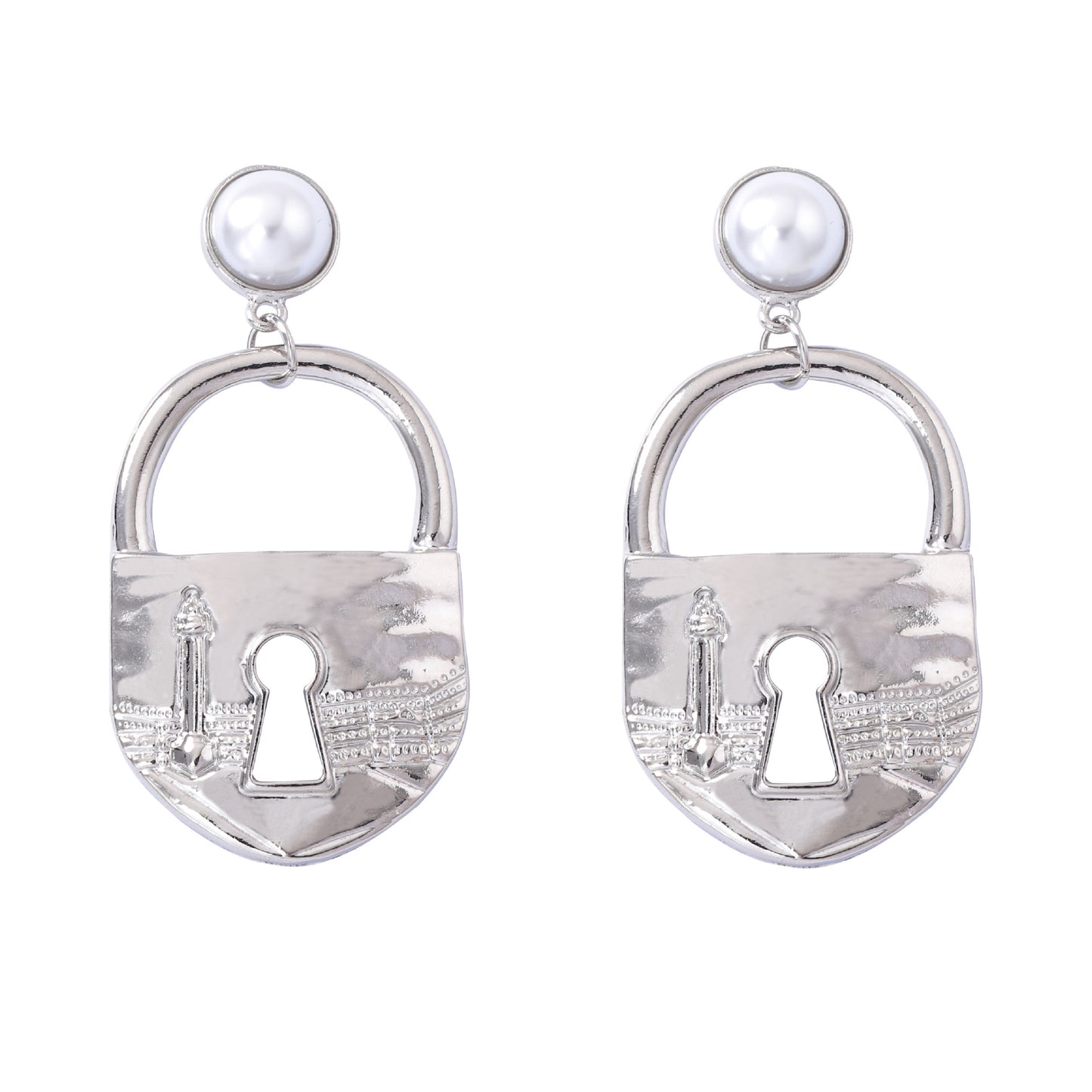 Chic Vintage-Inspired Alloy Lock Keychain with Elegant Faux Pearl Drop Earrings - Unique, Exquisite, and Perfect for Adding a Touch of Luxury to Any Outfit