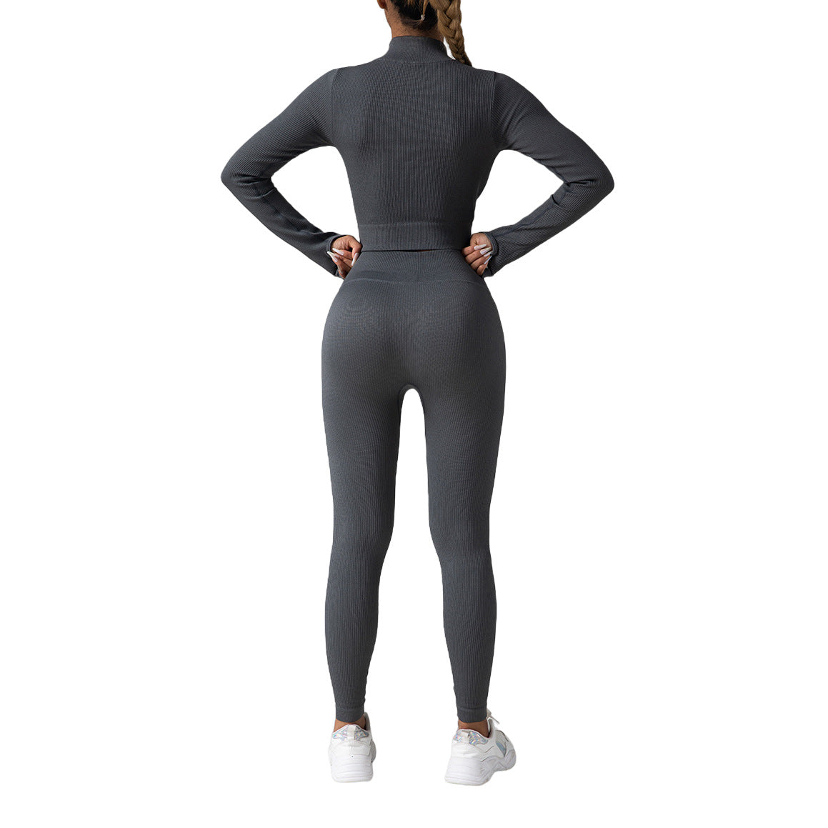 Seamless Ribbed Yoga Set with Zip Up Long Sleeve Top and Drawstring Trousers for Fitness and Workout Enthusiasts