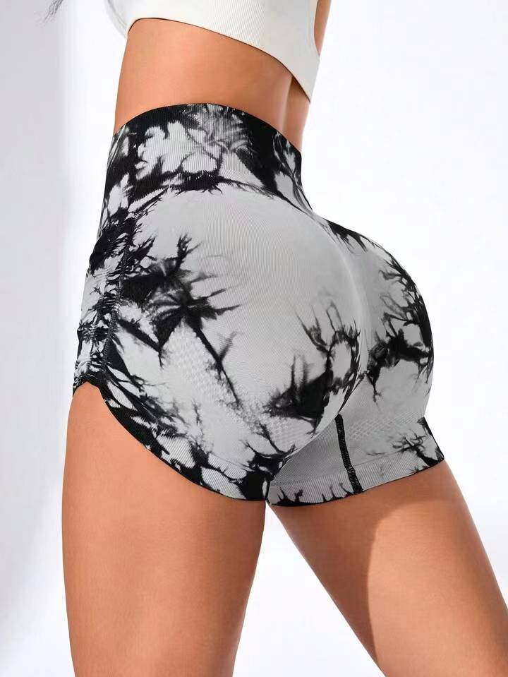 Seamless Side Pleat Tie Dye Yoga Shorts for Women Flattering Peach Butt Lift Design for Gym Running and Active Lifestyles