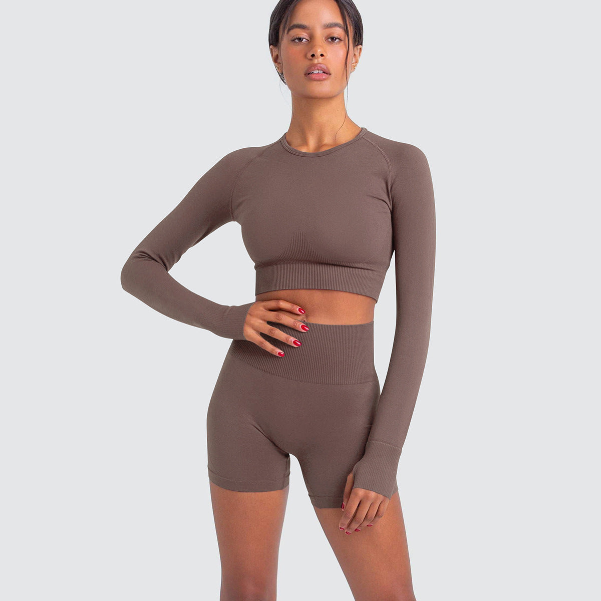 Seamless Knitted Stretch Yoga Set for Women Long Sleeve Tight Fitting High Waist Shorts Quick Dry Comfortable Activewear for Fitness and Gym Workouts