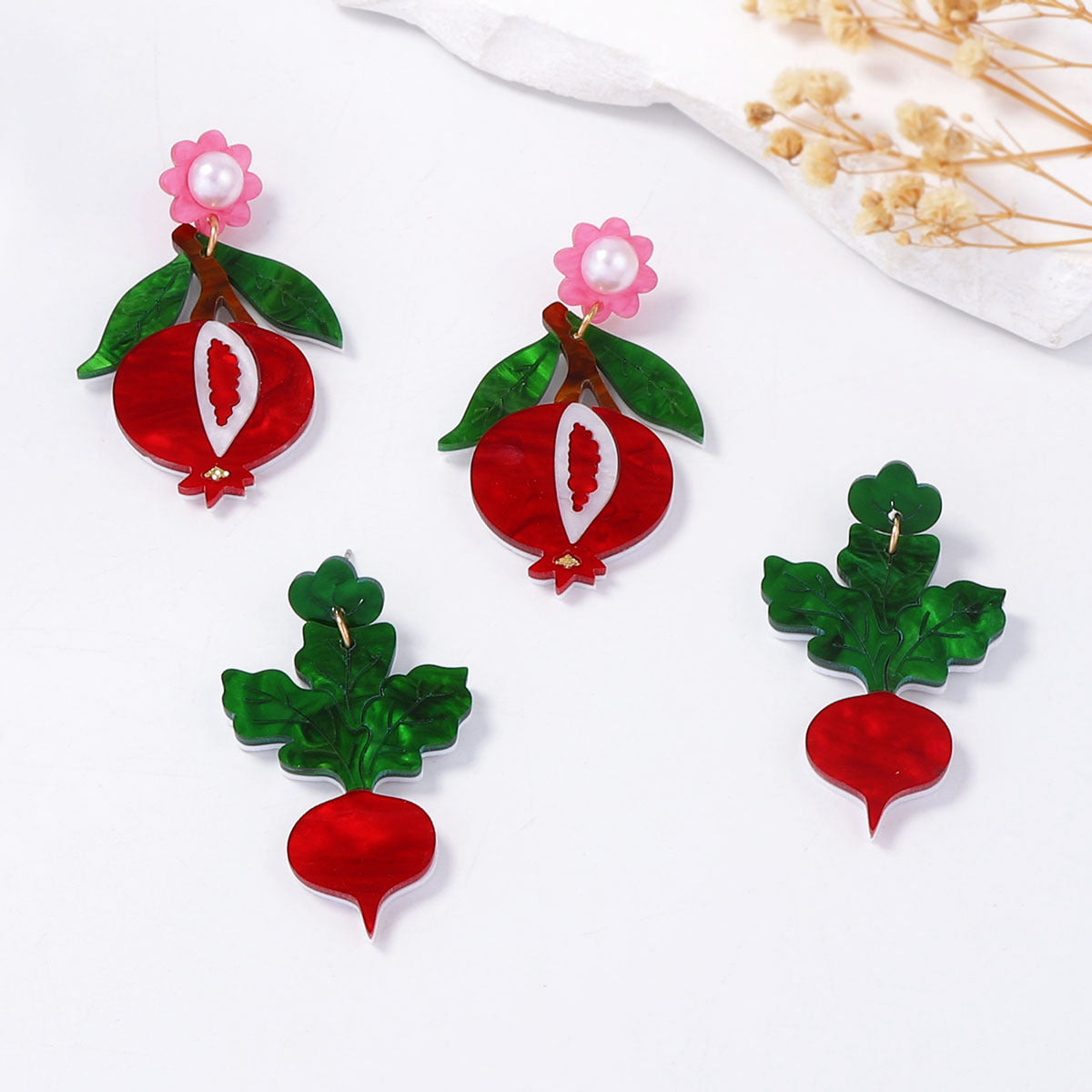 Unique Creative Acrylic Green Leaf & Radish Earrings - Minimalist and Versatile Jewelry Accessory for Women