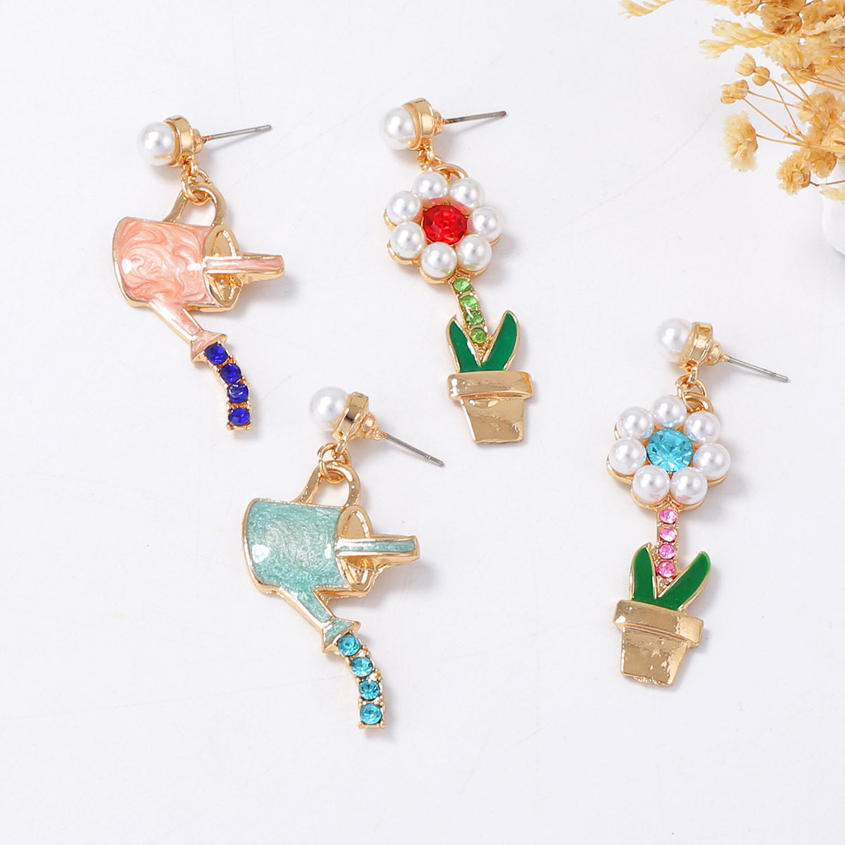 Chic Japanese and Korean Style Asymmetrical Alloy Drop Oil Pendant Earrings with Rhinestone-Studded Floral Design and Imitation Pearl Accents - Perfect for Any Occasion