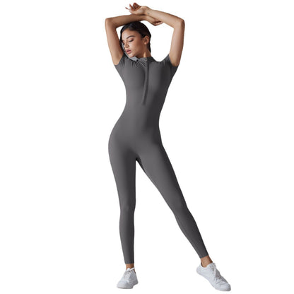 Open Collar Zippered Short Sleeve Bodysuit for Women for Dance Fitness and Yoga Form Fitting Activewear for Comfort and Performance