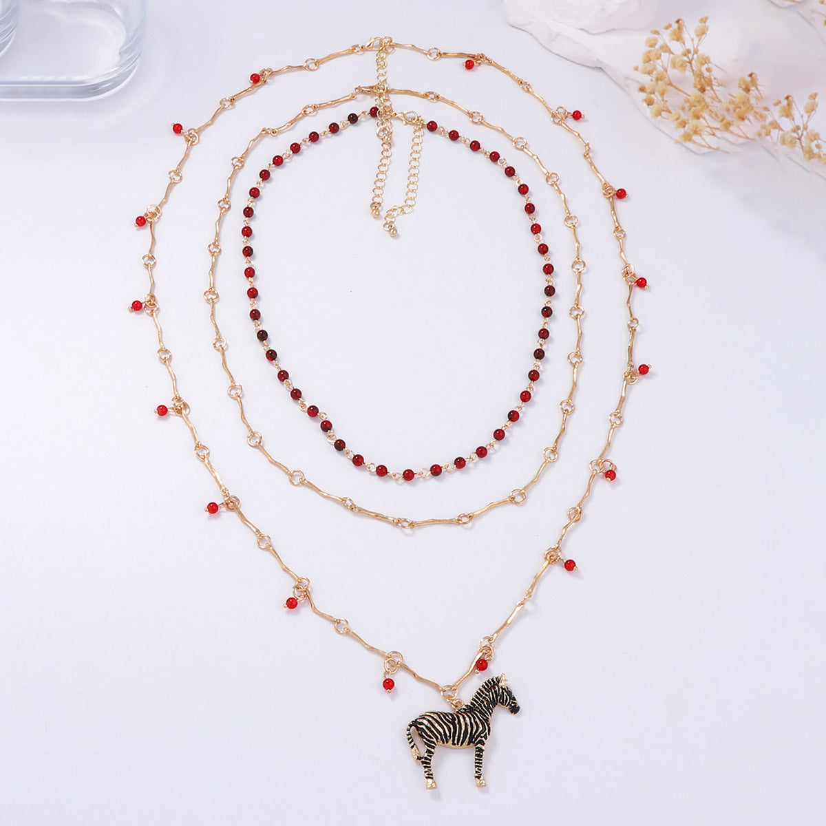 Chic Layered Beaded Chain Necklace with Alluring Zebra Pendant – Stylish and Affordable Luxury Design for Fashion-Forward Women