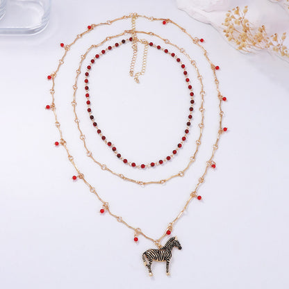 Chic Layered Beaded Chain Necklace with Alluring Zebra Pendant – Stylish and Affordable Luxury Design for Fashion-Forward Women
