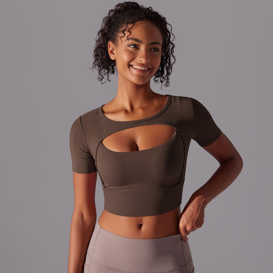 Classic Solid Color Two Layer Mesh Short Sleeve Crop Top Bra for Women for Running Gym Workouts and Yoga