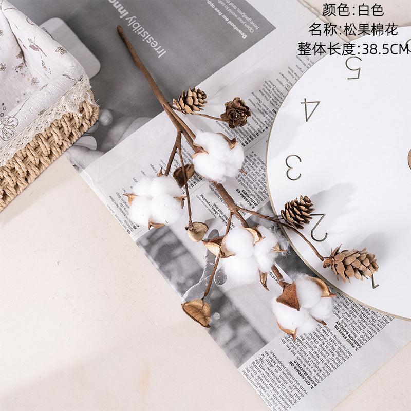 Lifelike Green Plant Artificial Flowers with Pinecones and Cotton for Wedding Decor - Trendy INS Style - MW61208