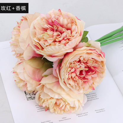 Elegant European Style Fake Peony Bouquet - 5-Head Artificial Flowers for Home Decor and Wedding Decorations, Stunning Faux Green Plants for Timeless Arrangements